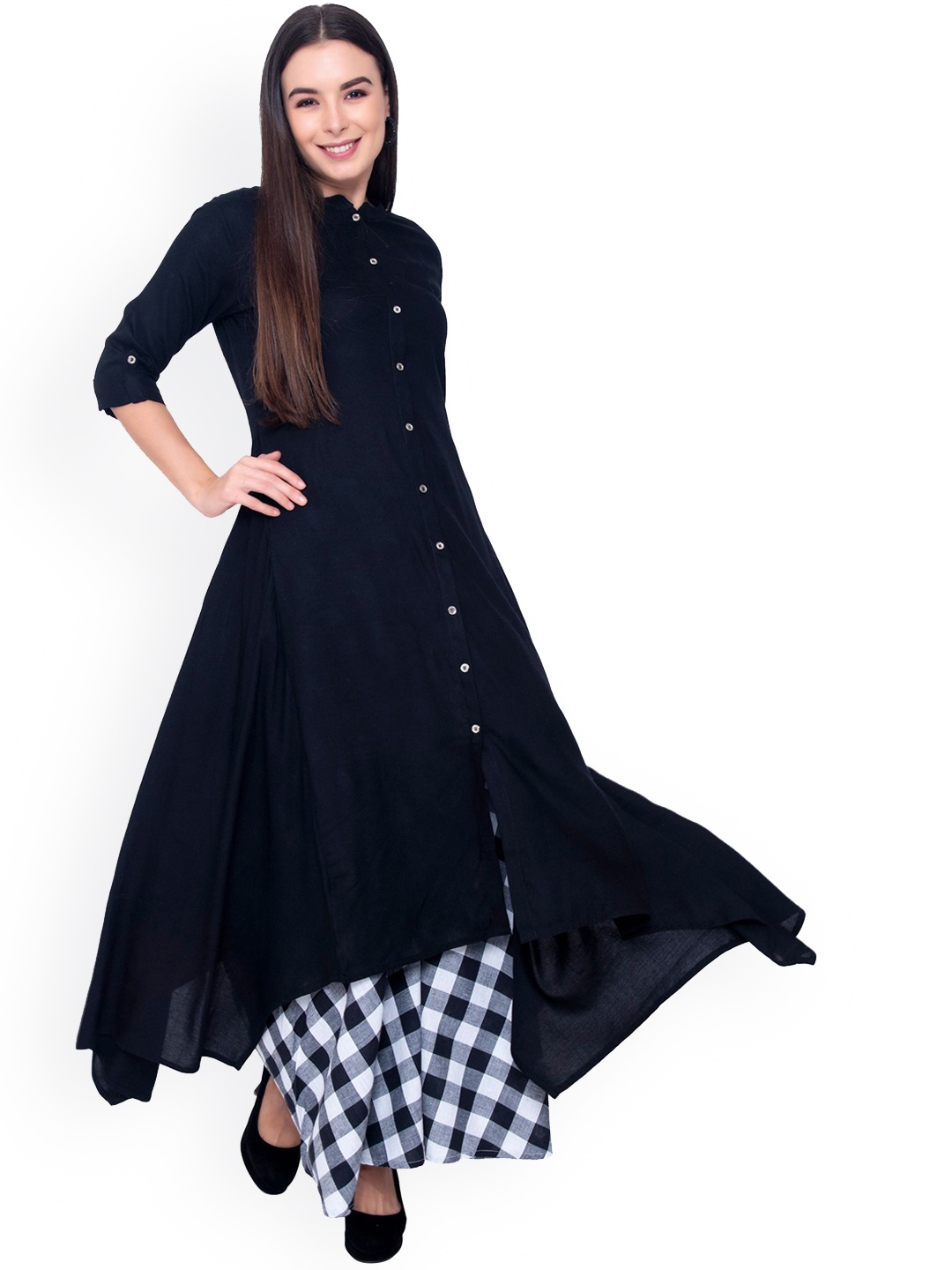

Wodreams Mandarin Collar Asymmetric Hem Kurta with Palazzos, Black