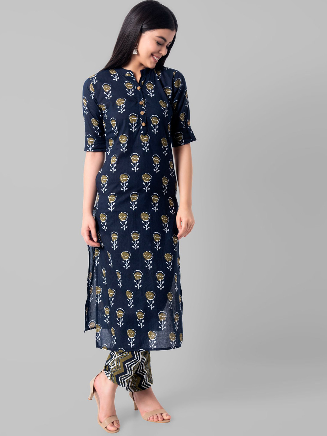 

Wodreams Ethnic Motifs Printed Regular Pure Cotton Kurta with Trousers, Blue