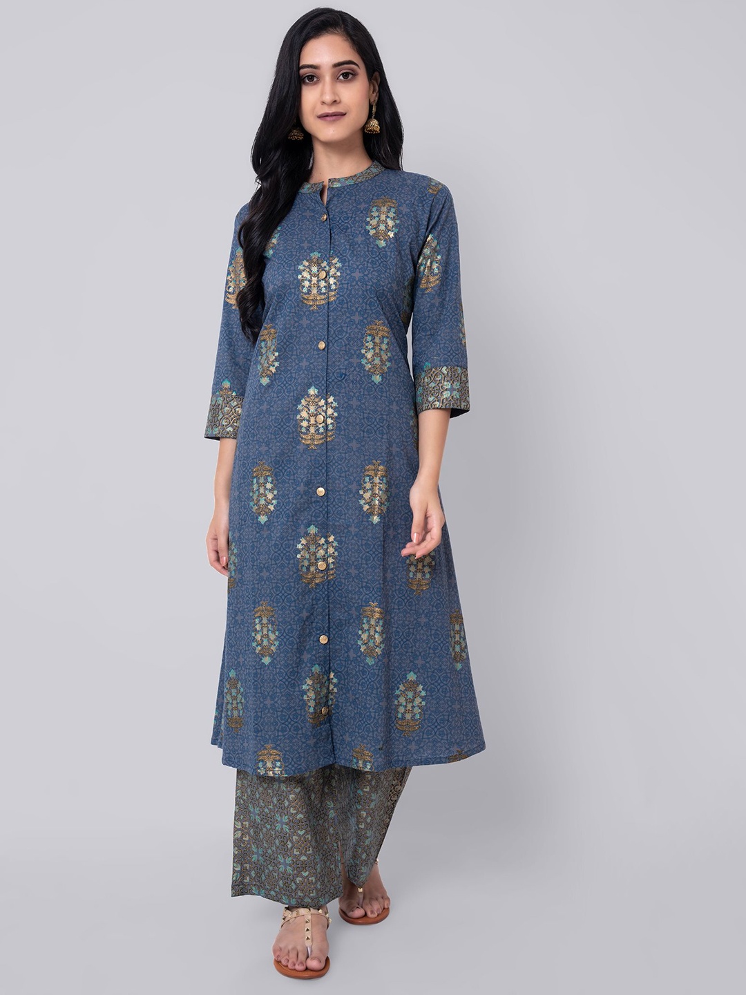 

Wodreams Ethnic Motifs Printed Pure Cotton Kurta with Palazzos, Blue
