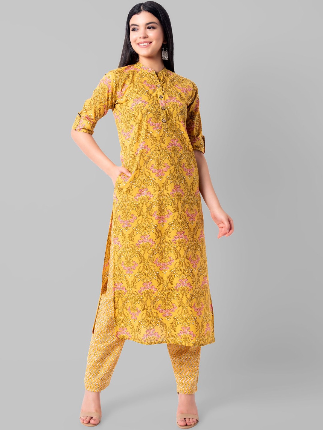 

Wodreams Floral Printed Regular Pure Cotton Kurta with Trousers, Yellow