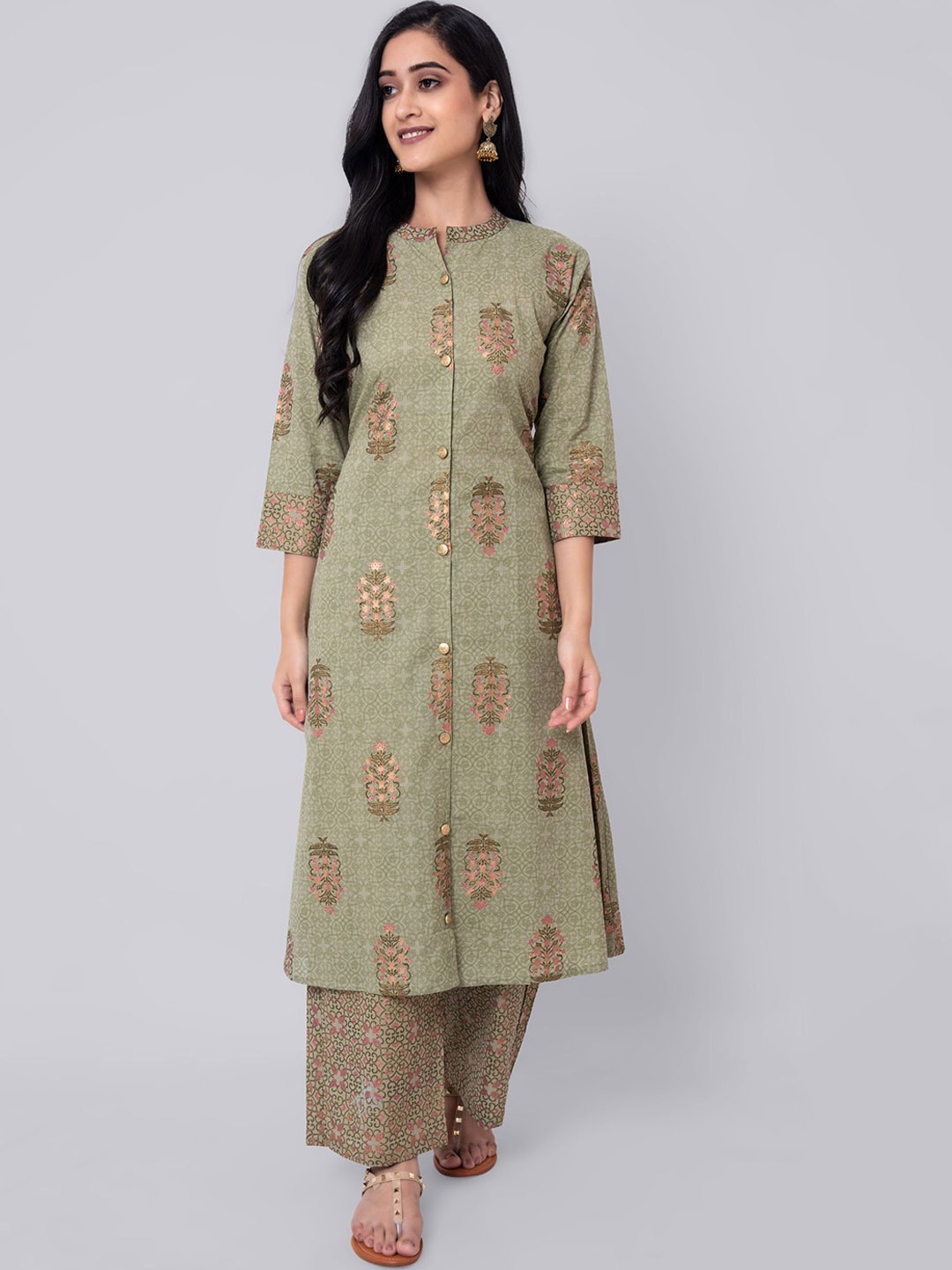 

Wodreams Ethnic Motifs Printed Mandarin Collar Pure Cotton A-Line Kurta with Palazzos, Green