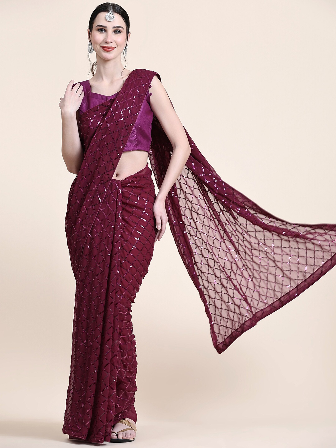 

ORUS Checked Sequinned Pure Georgette Saree, Magenta
