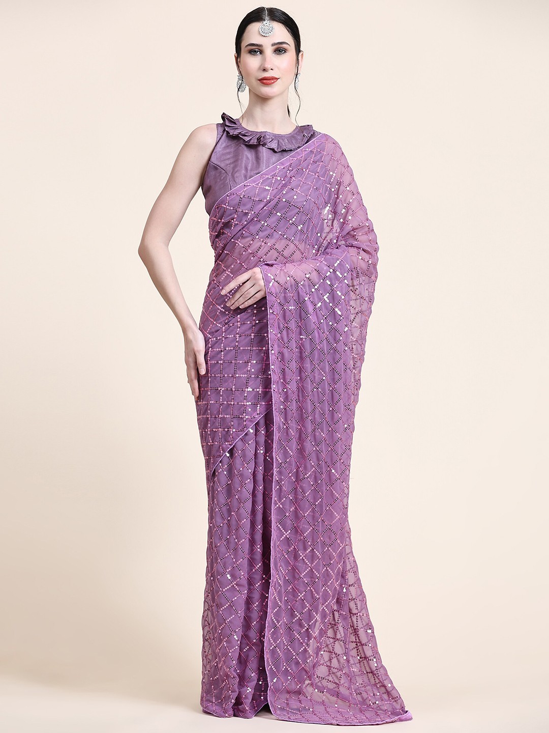 

ORUS Checked Sequinned Pure Georgette Saree, Purple