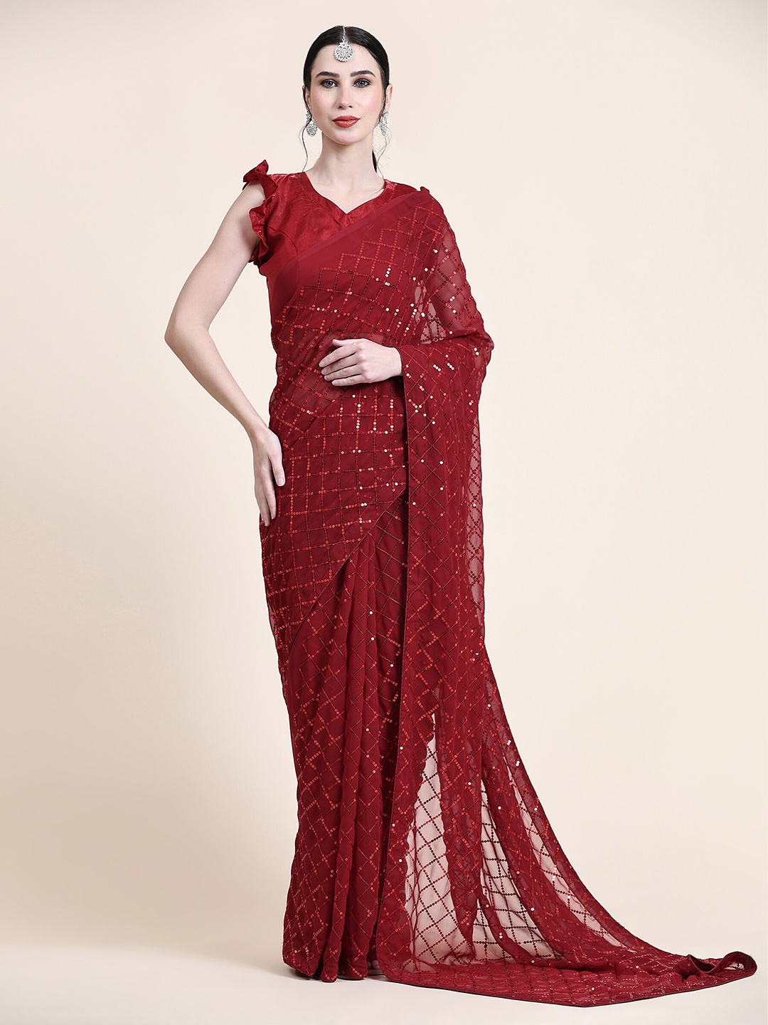 

ORUS Checked Sequinned Pure Georgette Saree, Maroon