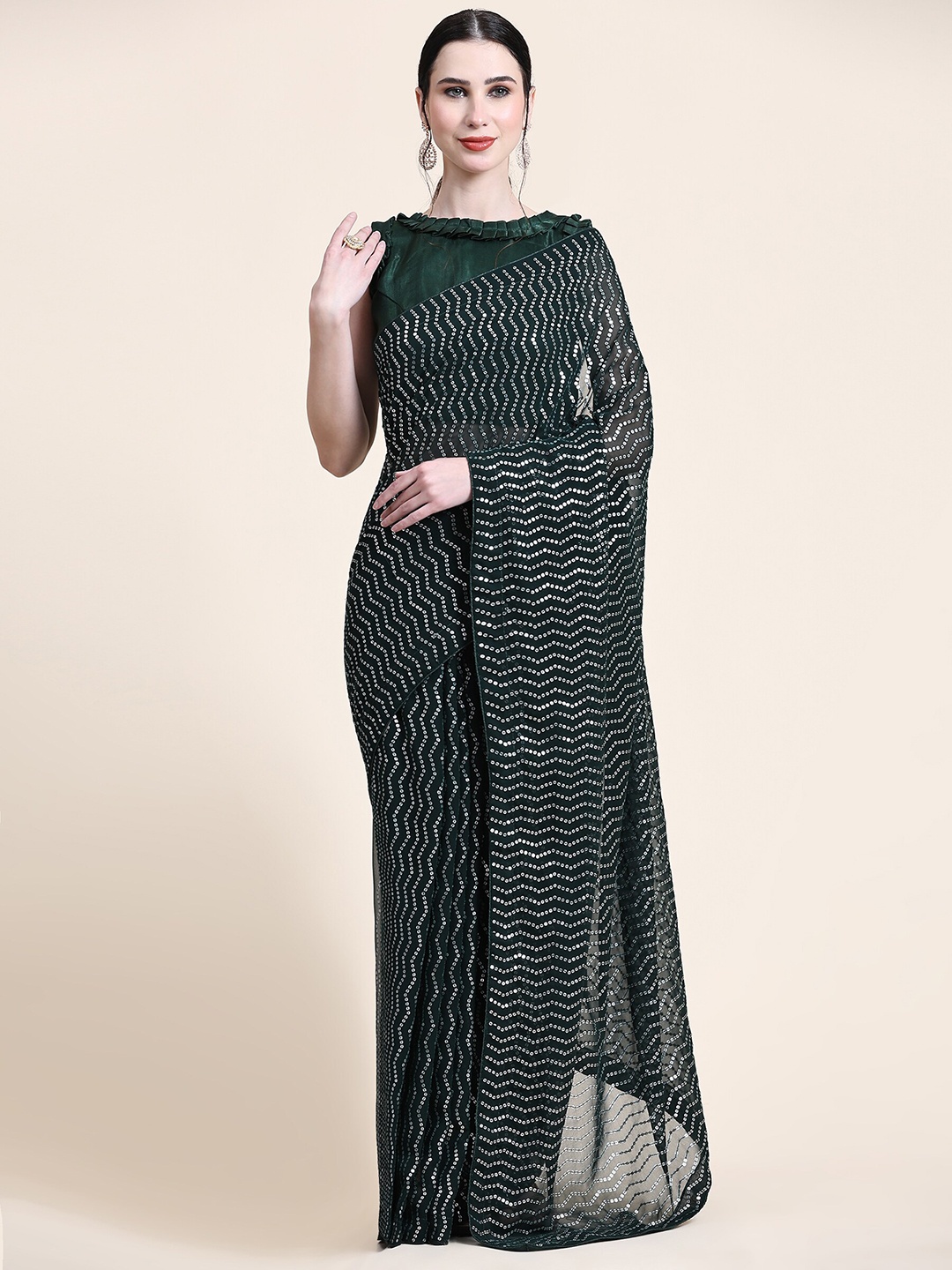 

ORUS Embellished Sequinned Pure Georgette Saree, Green
