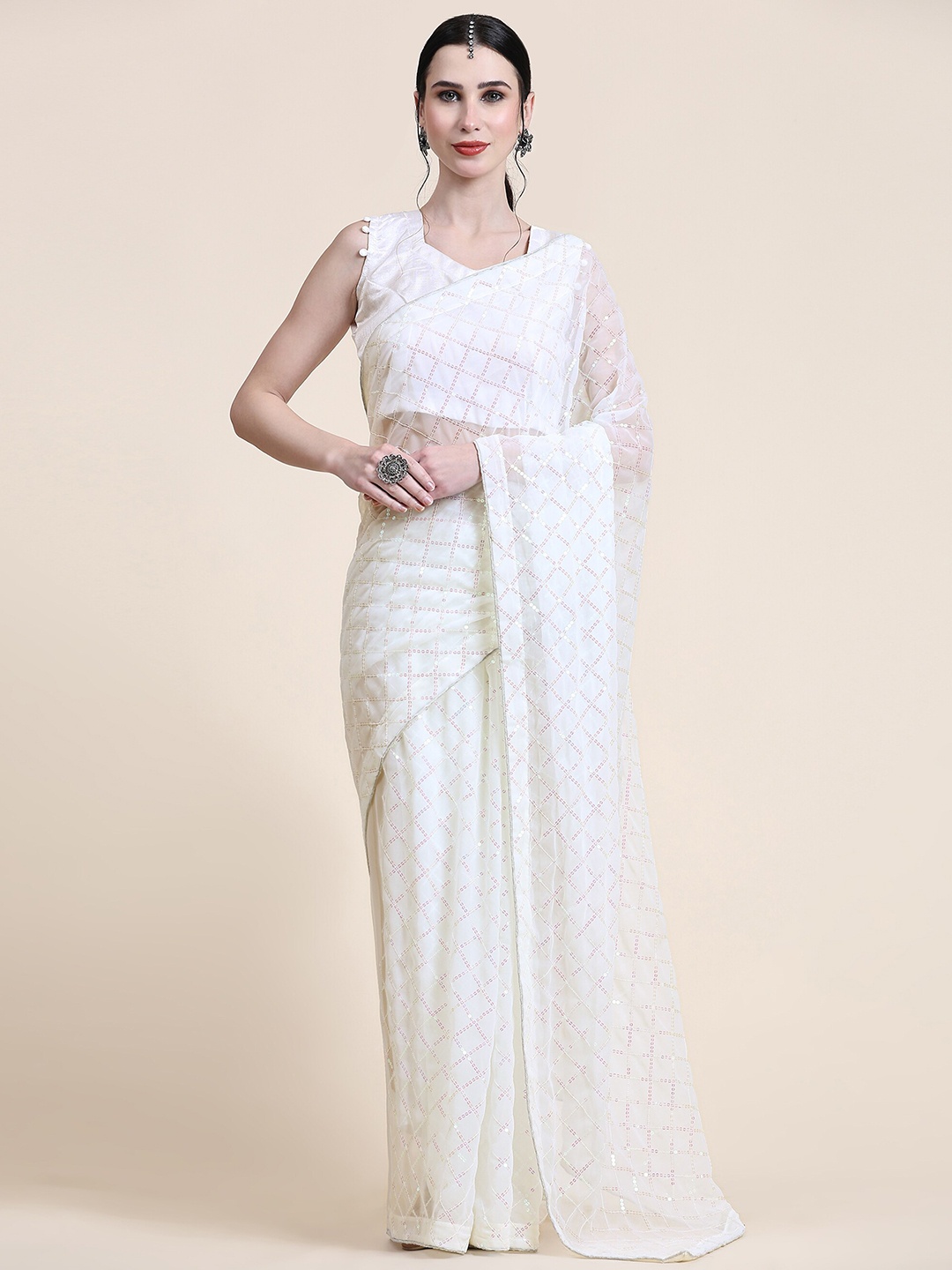 

ORUS Checked Sequinned Pure Georgette Saree, White