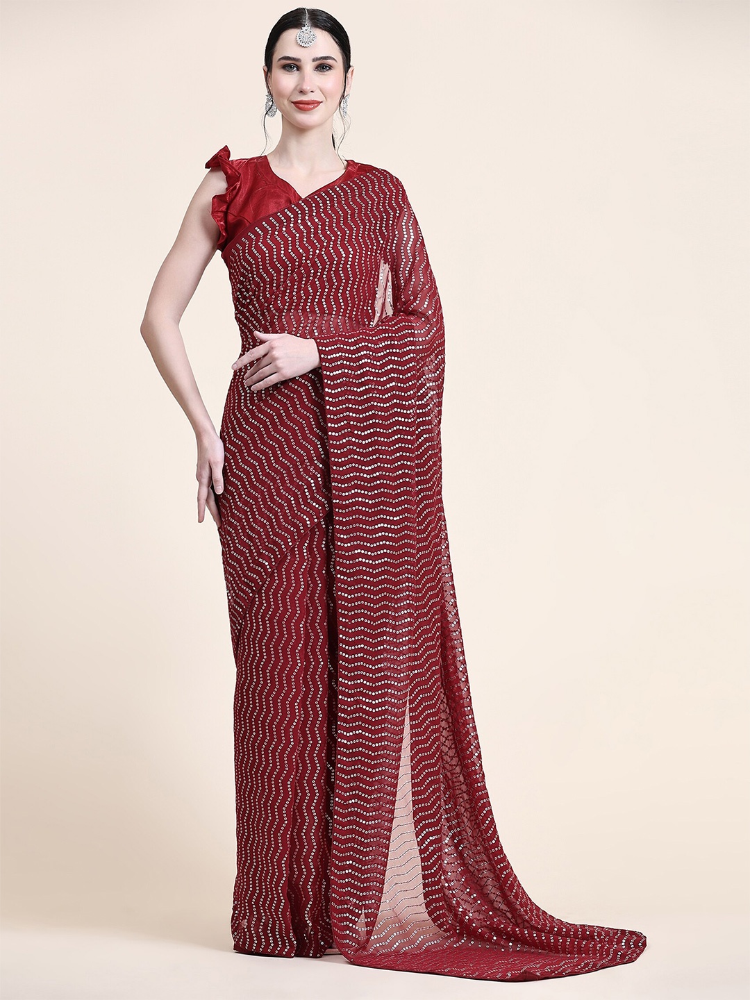 

ORUS Embellished Sequinned Pure Georgette Saree, Maroon