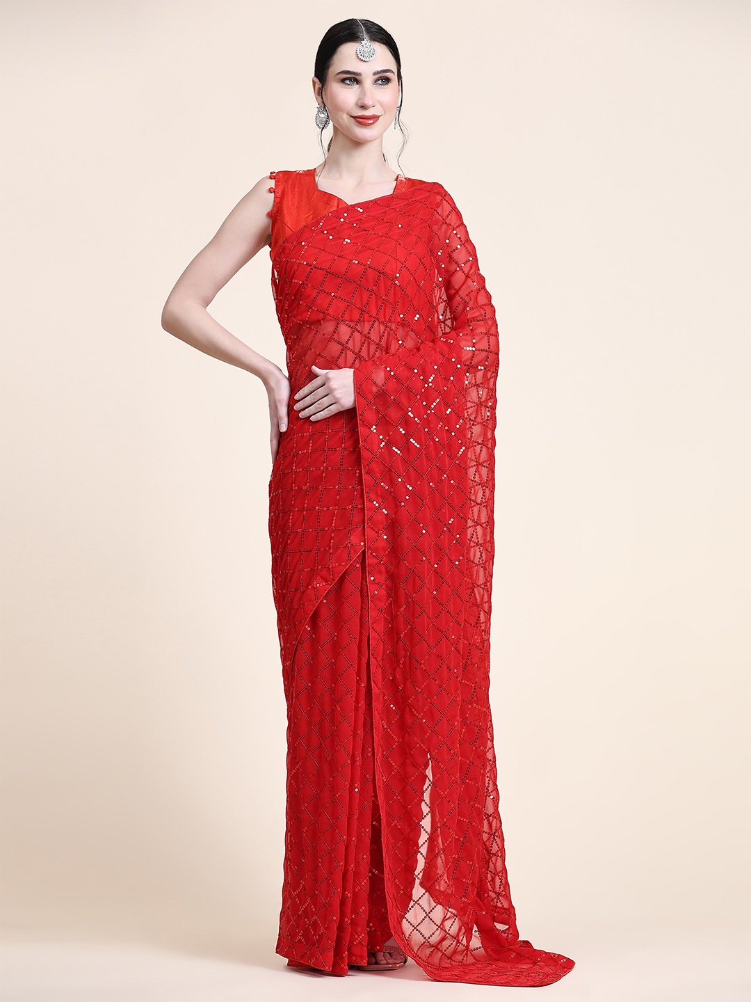 

ORUS Checked Sequinned Pure Georgette Saree, Red