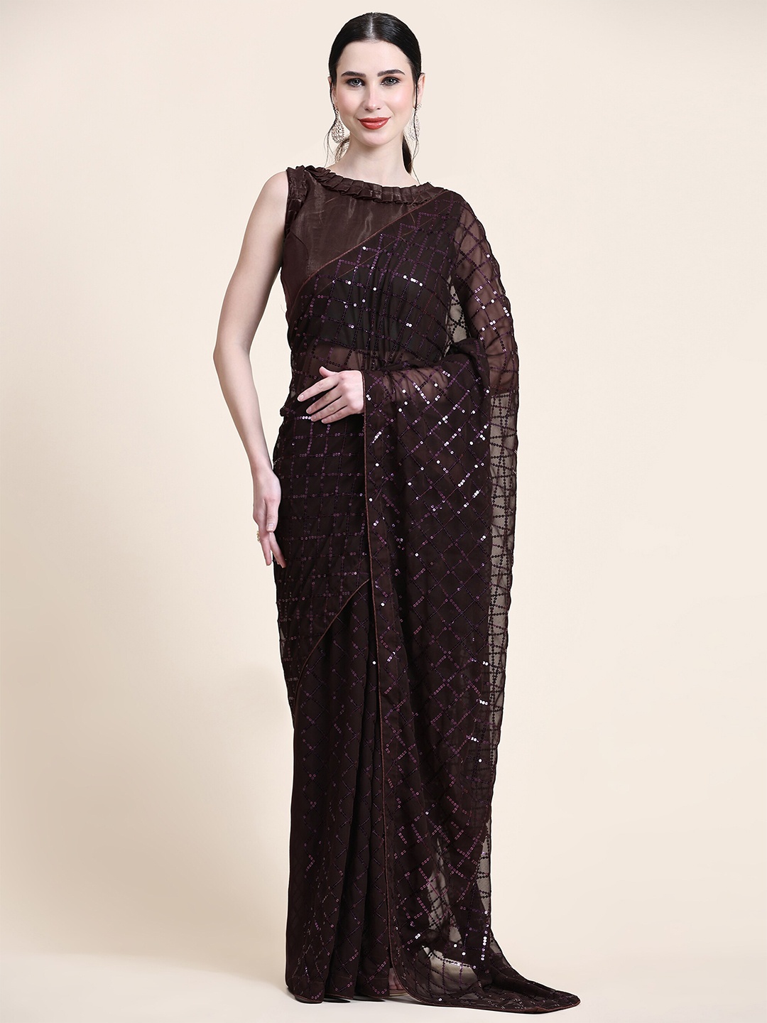 

ORUS Sequinned Embellished Pure Georgette Saree, Coffee brown