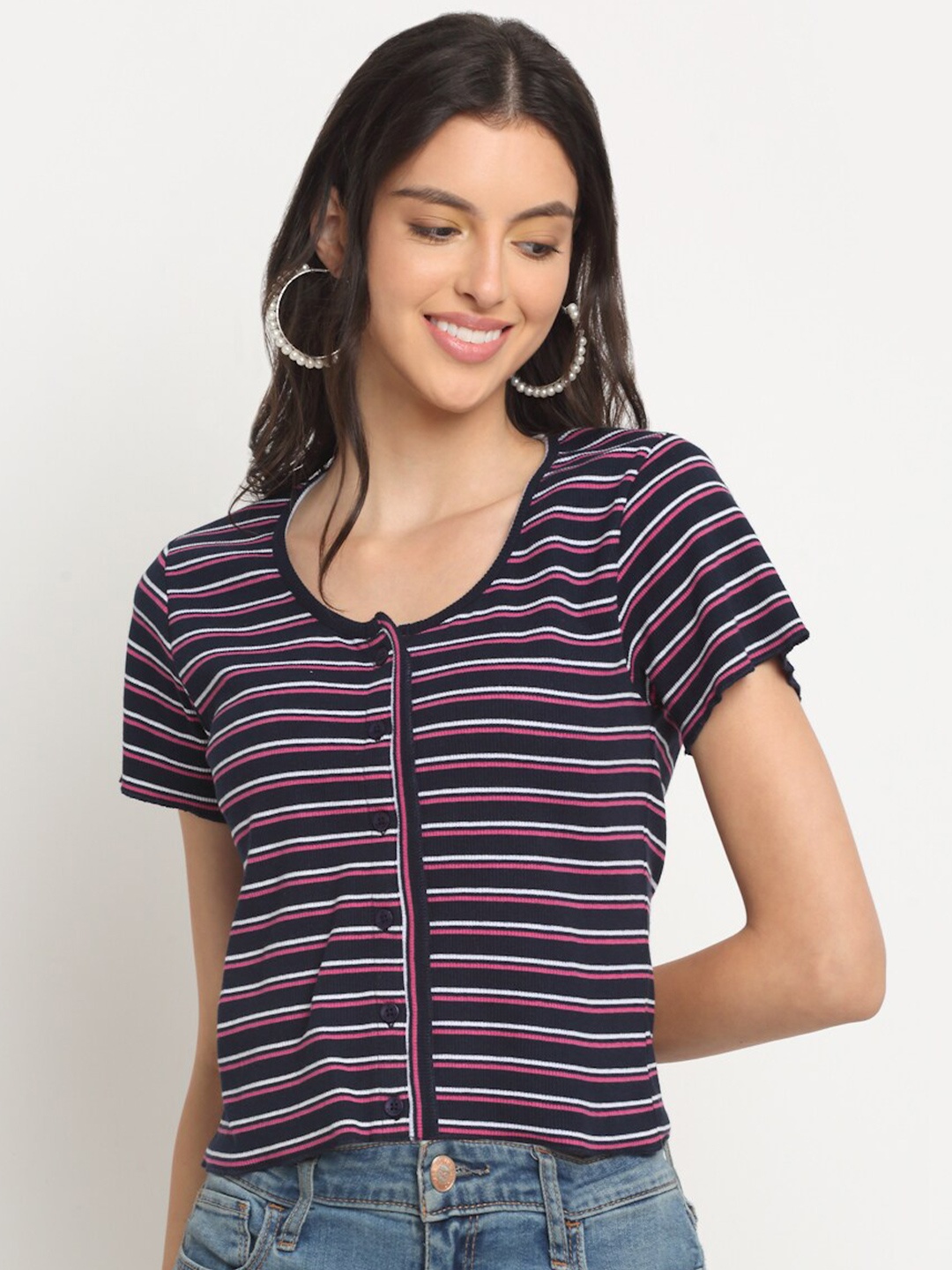 

HARBOR N BAY Striped Scoop Neck Top, Navy blue