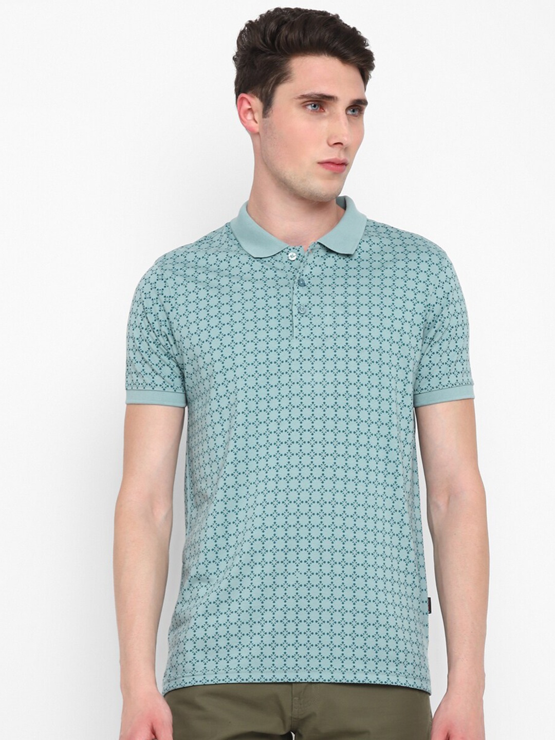 

Red Chief Micro And Ditsy Printed Polo Collar Cotton T-shirt, Sea green