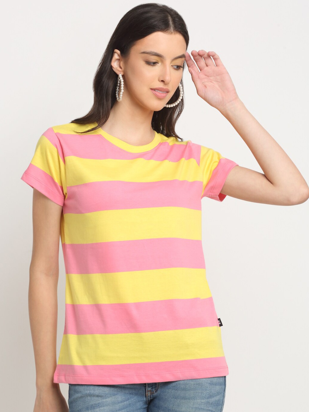 

HARBOR N BAY Striped Round Neck Short Sleeves Cotton T-shirt, Yellow