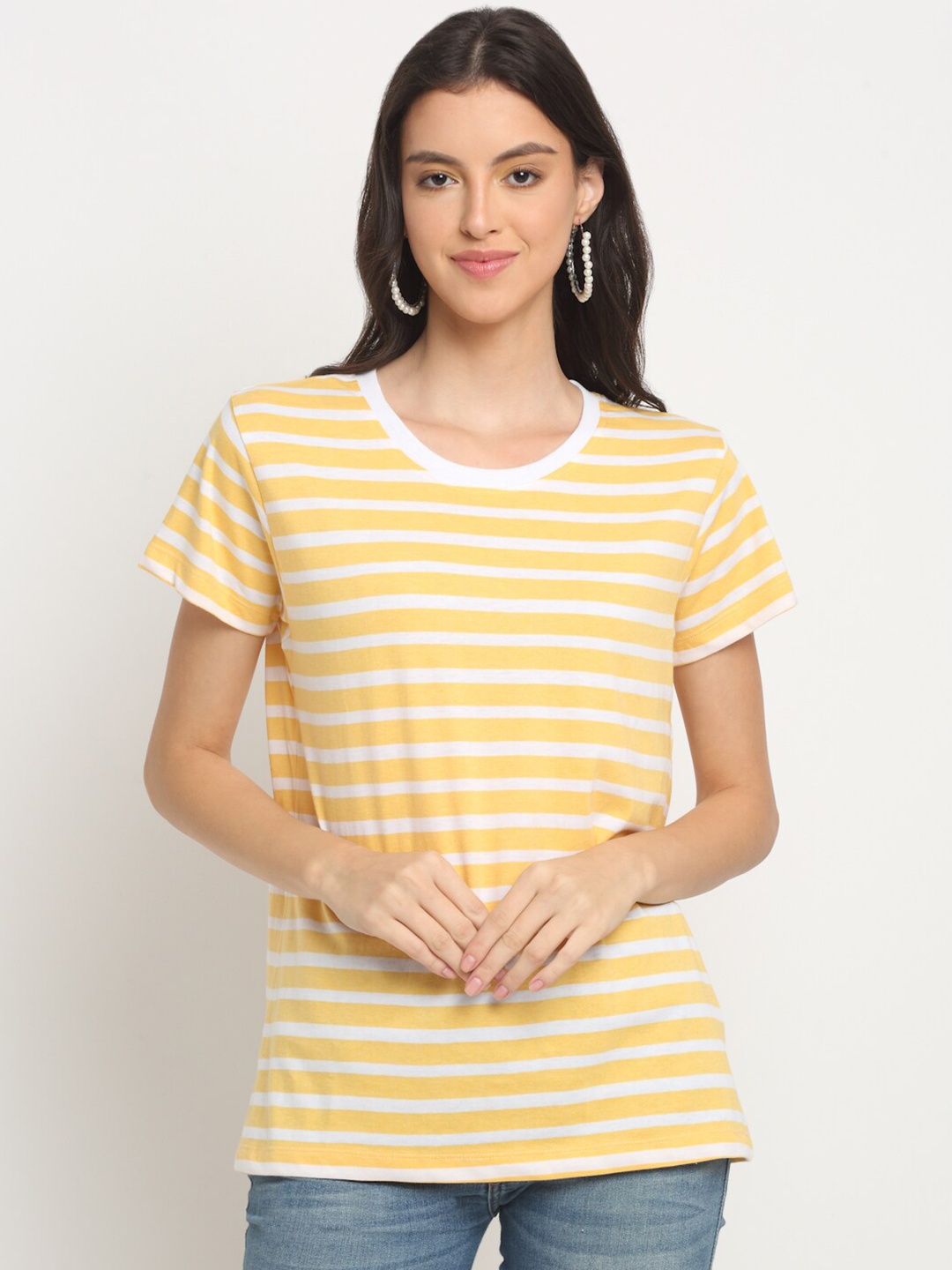 

HARBOR N BAY Striped Round Neck Short Sleeves Cotton T-shirt, Yellow