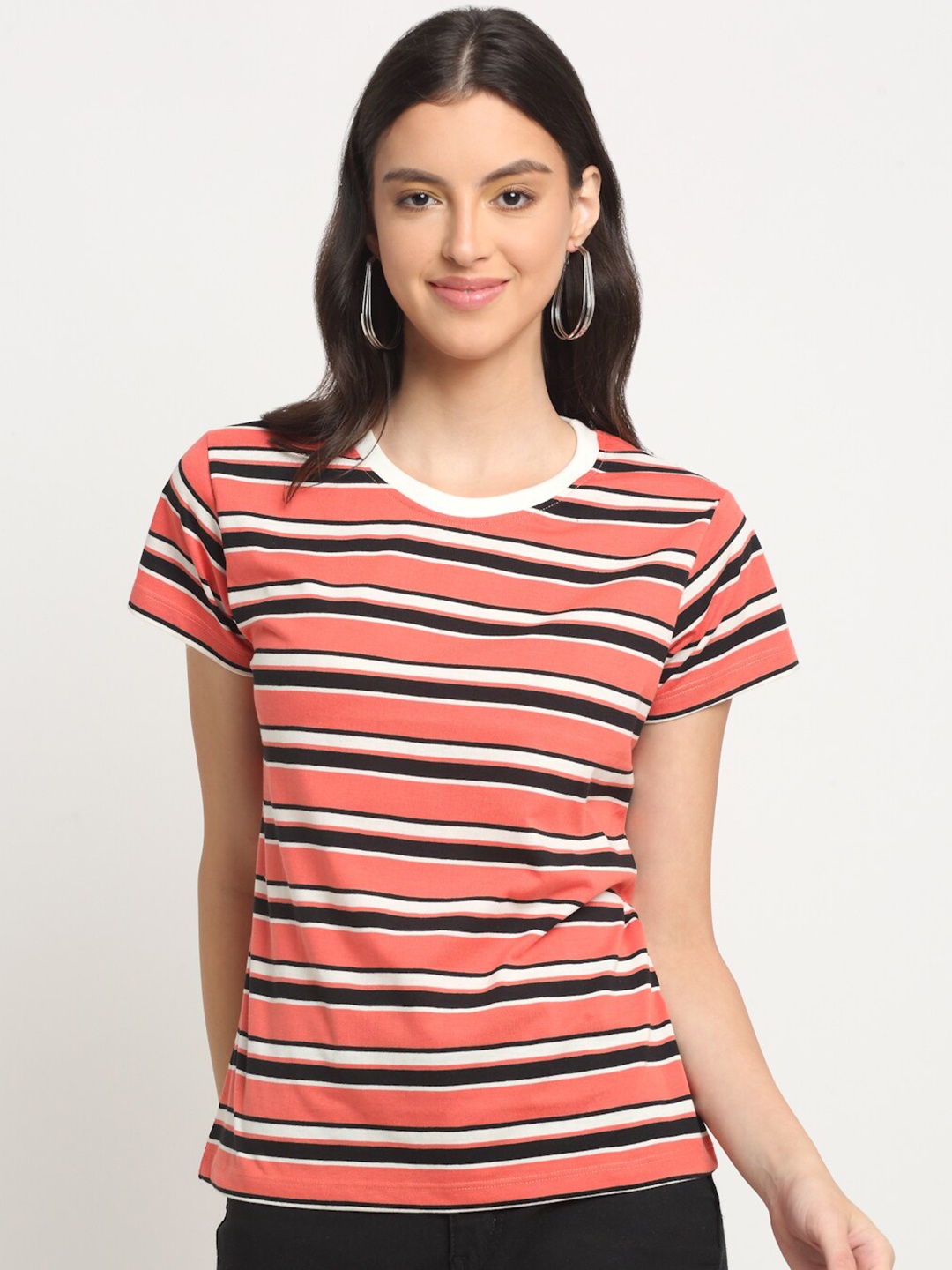 

HARBOR N BAY Round Neck Striped T-shirt, Coral