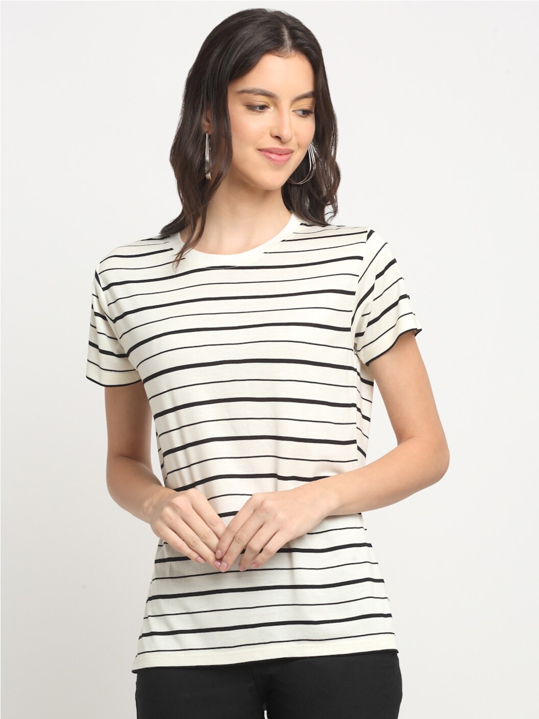 

HARBOR N BAY Round Neck Striped Cotton T-shirt, White