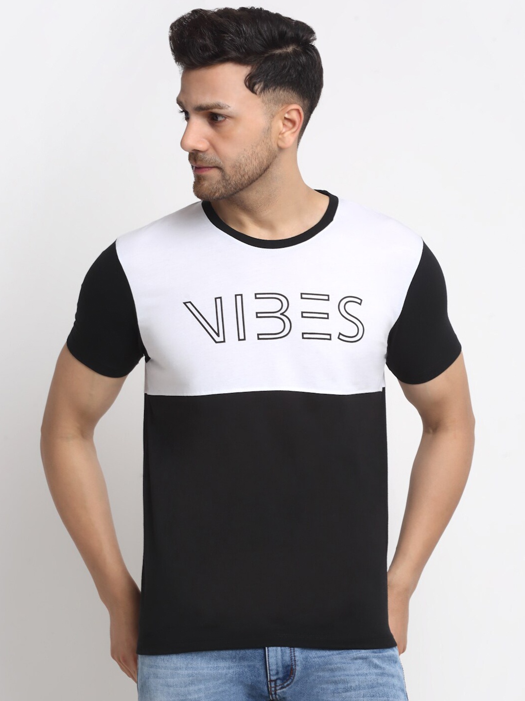 

HARBOR N BAY Colourblocked Round Neck Short Sleeves Cotton T-shirt, Black