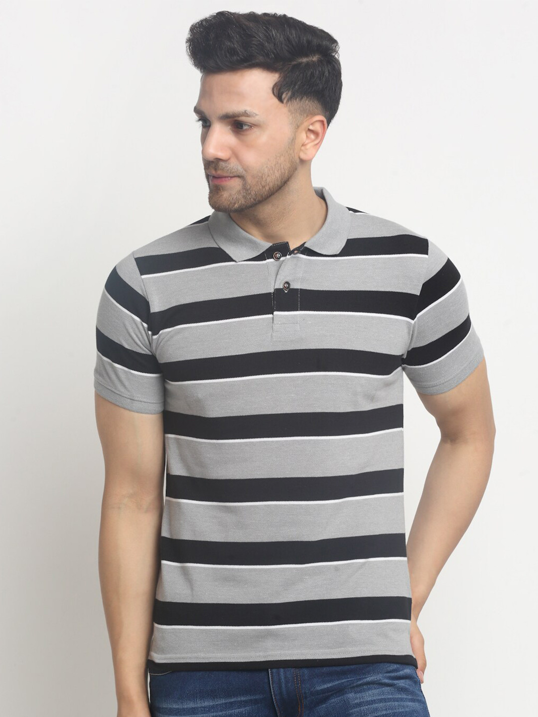 

HARBOR N BAY Polo Collar Striped T-shirt, Grey