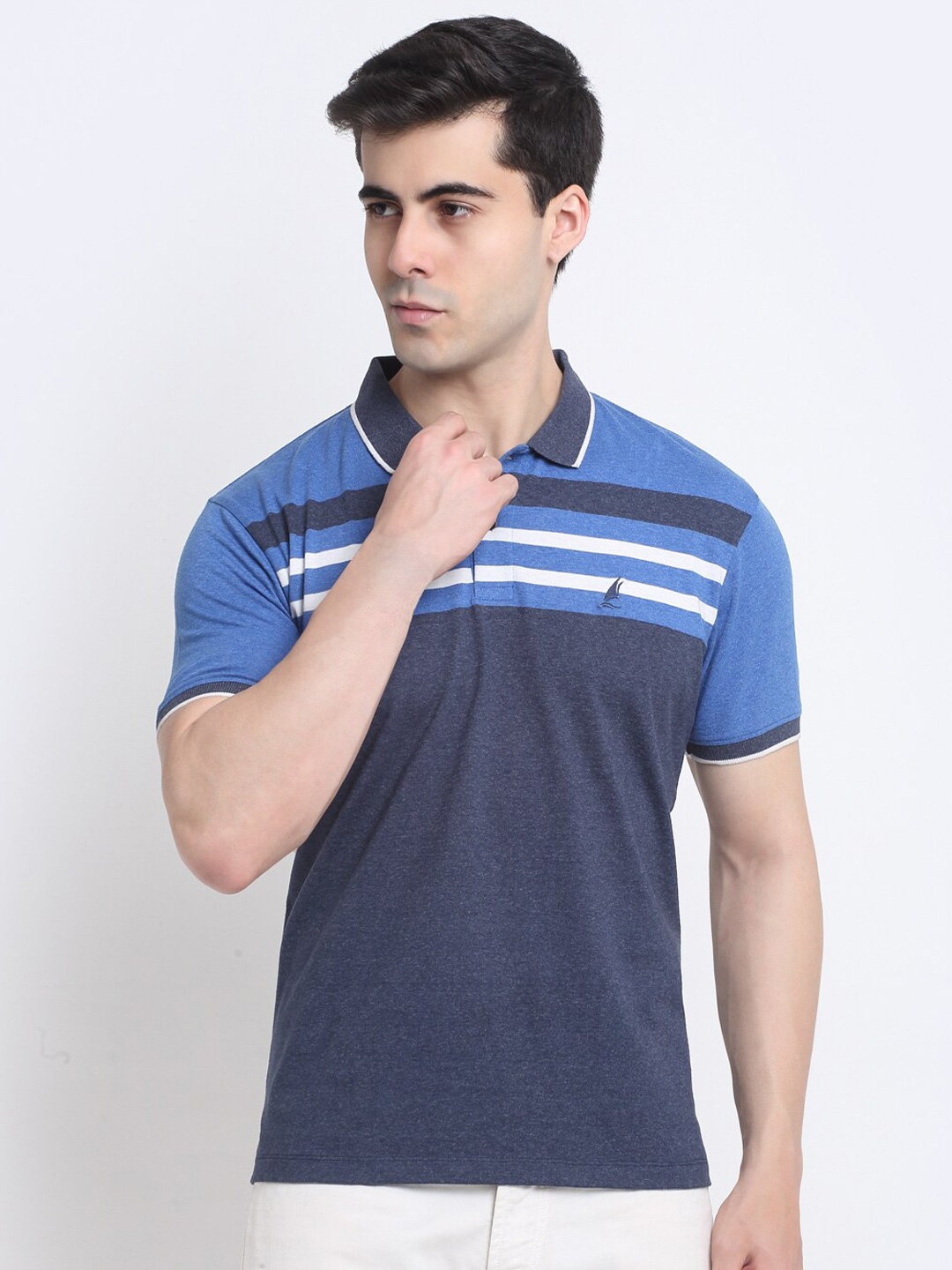 

HARBOR N BAY Striped Polo Collar Cotton T-shirt, Navy blue