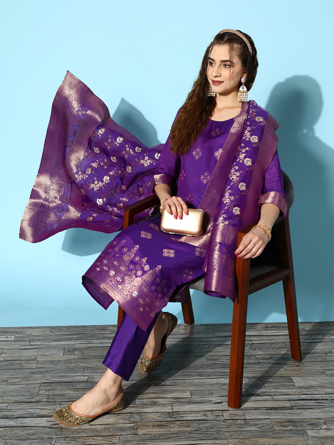 

Kvsfab Women Purple Floral Zari Kurta With Trousers & Dupatta