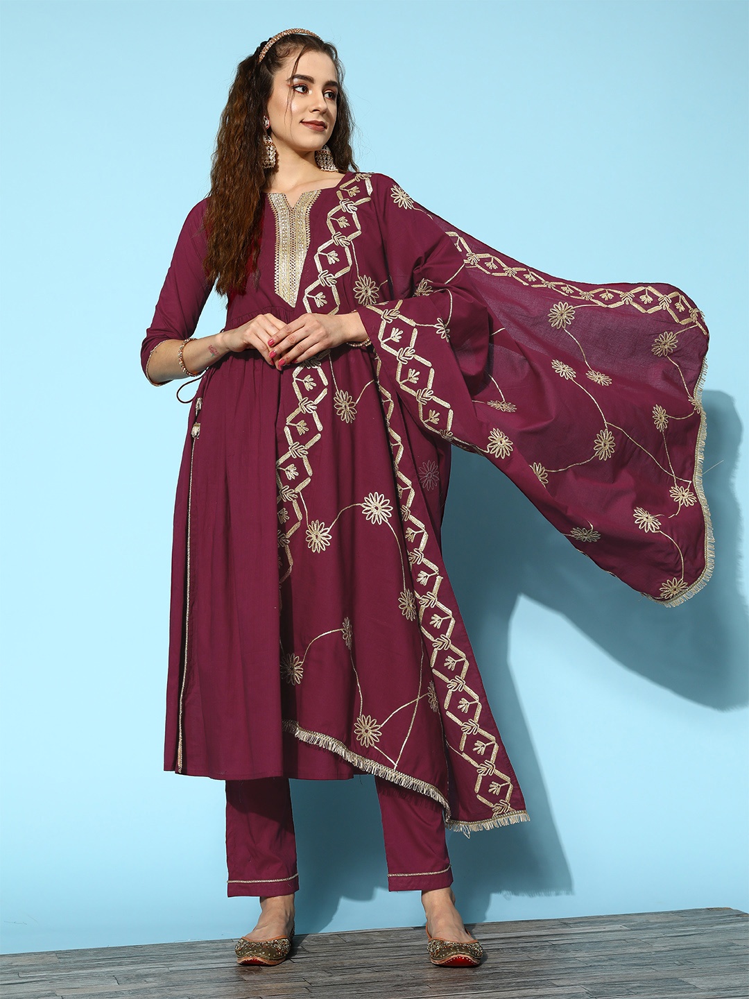 

Kvsfab Women Burgundy Ethnic Motifs Gotta Patti Kurta With Trousers & Dupatta