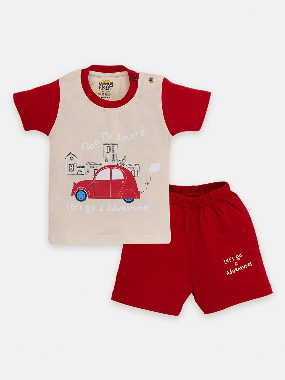 

AMUL Kandyfloss Boys Printed Pure Cotton T-shirt with Shorts Set, Cream