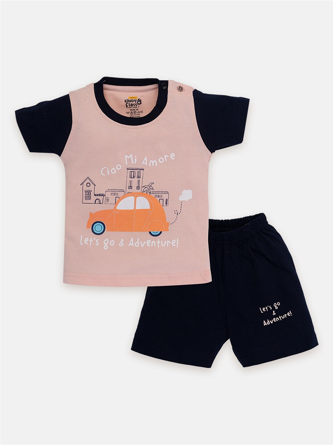 

AMUL Kandyfloss Boys Printed Pure Cotton T-shirt with Shorts Set, Peach