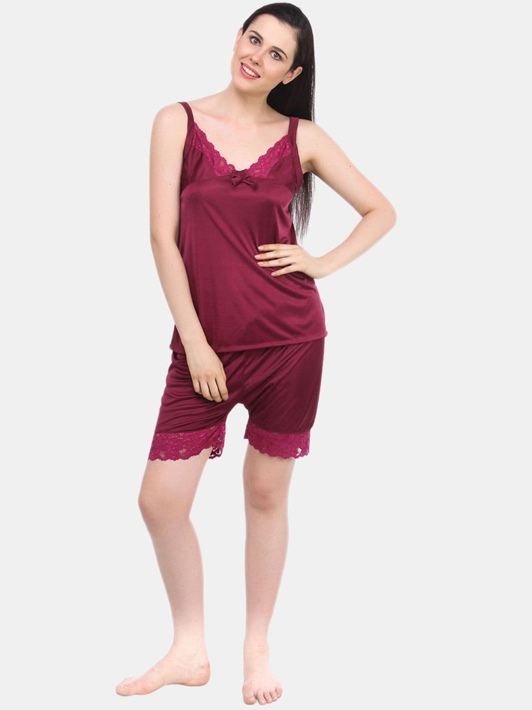 

Fasense V Neck Lace Up Detail Satin Night Suit, Burgundy