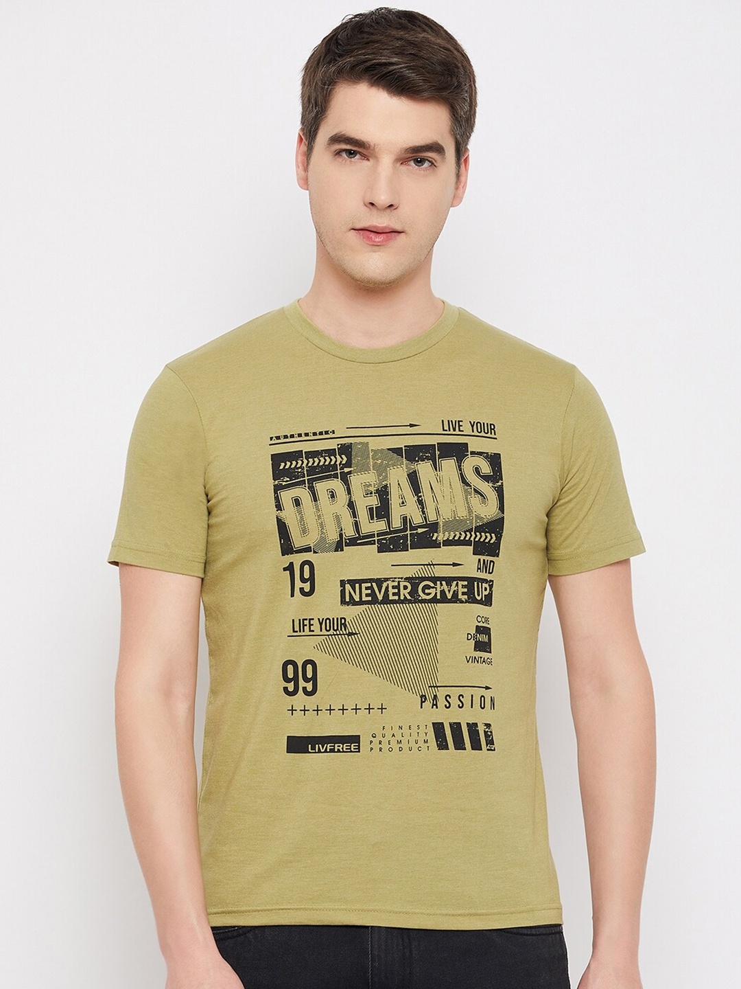 

LIVFREE Typography Printed Round Neck T-shirt, Khaki