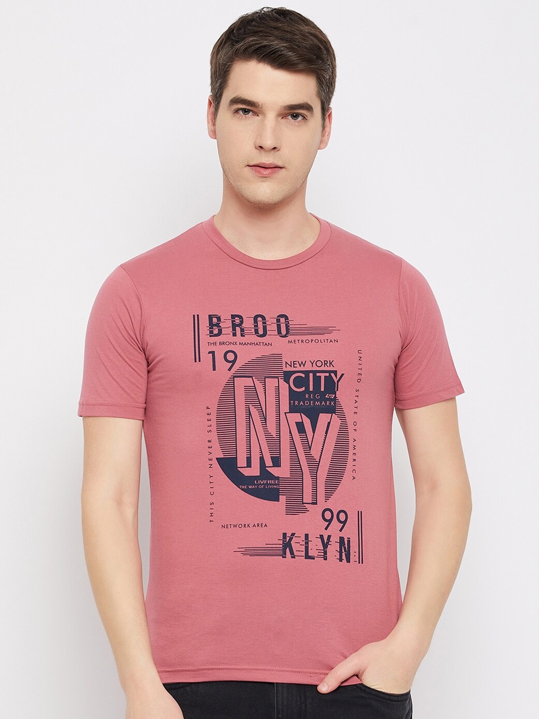 

LIVFREE Typography Printed Round Neck T-shirt, Pink