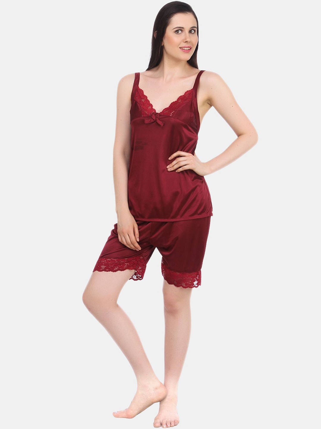 

Fasense V Neck Lace Up Detail Satin Night Suit, Maroon
