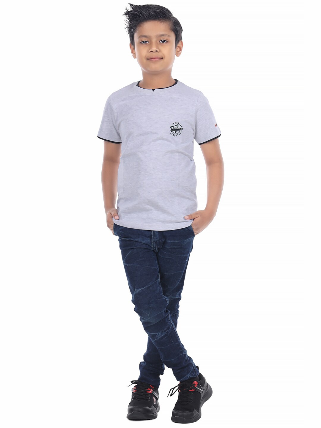 

3PIN Boys Round Neck Cotton T-shirt, Grey melange
