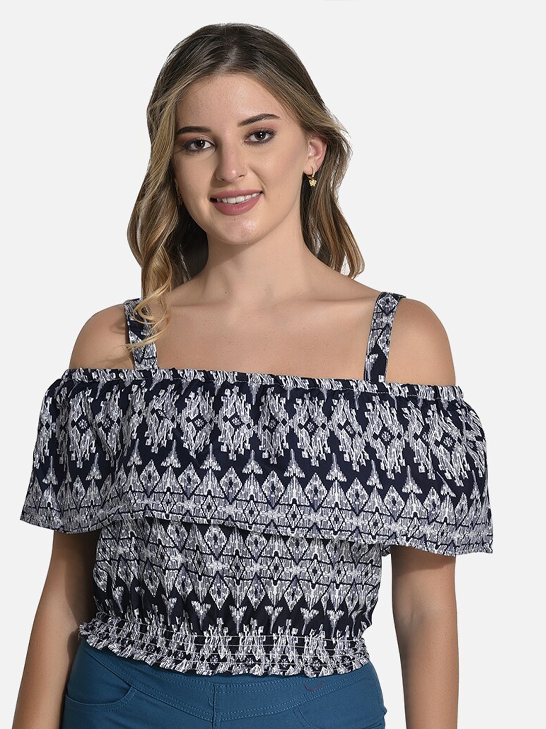 

StyFun Geometric Printed Shoulder Straps Cape Sleeves Blouson Top, Navy blue
