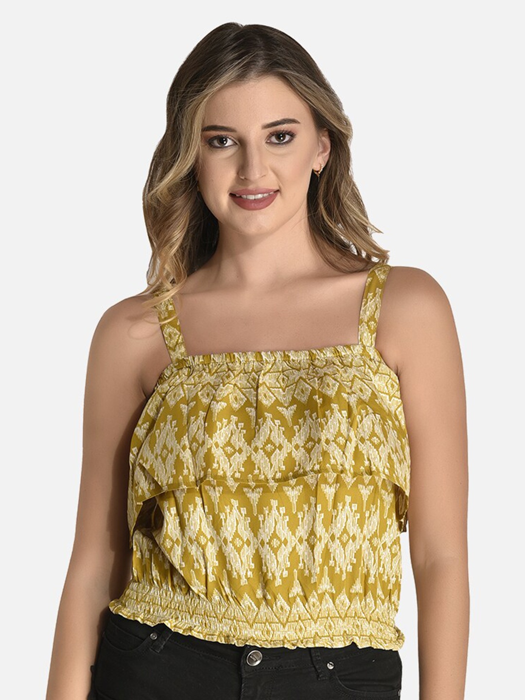 

StyFun Geometric Printed Shoulder Straps Layered Blouson Top, Beige