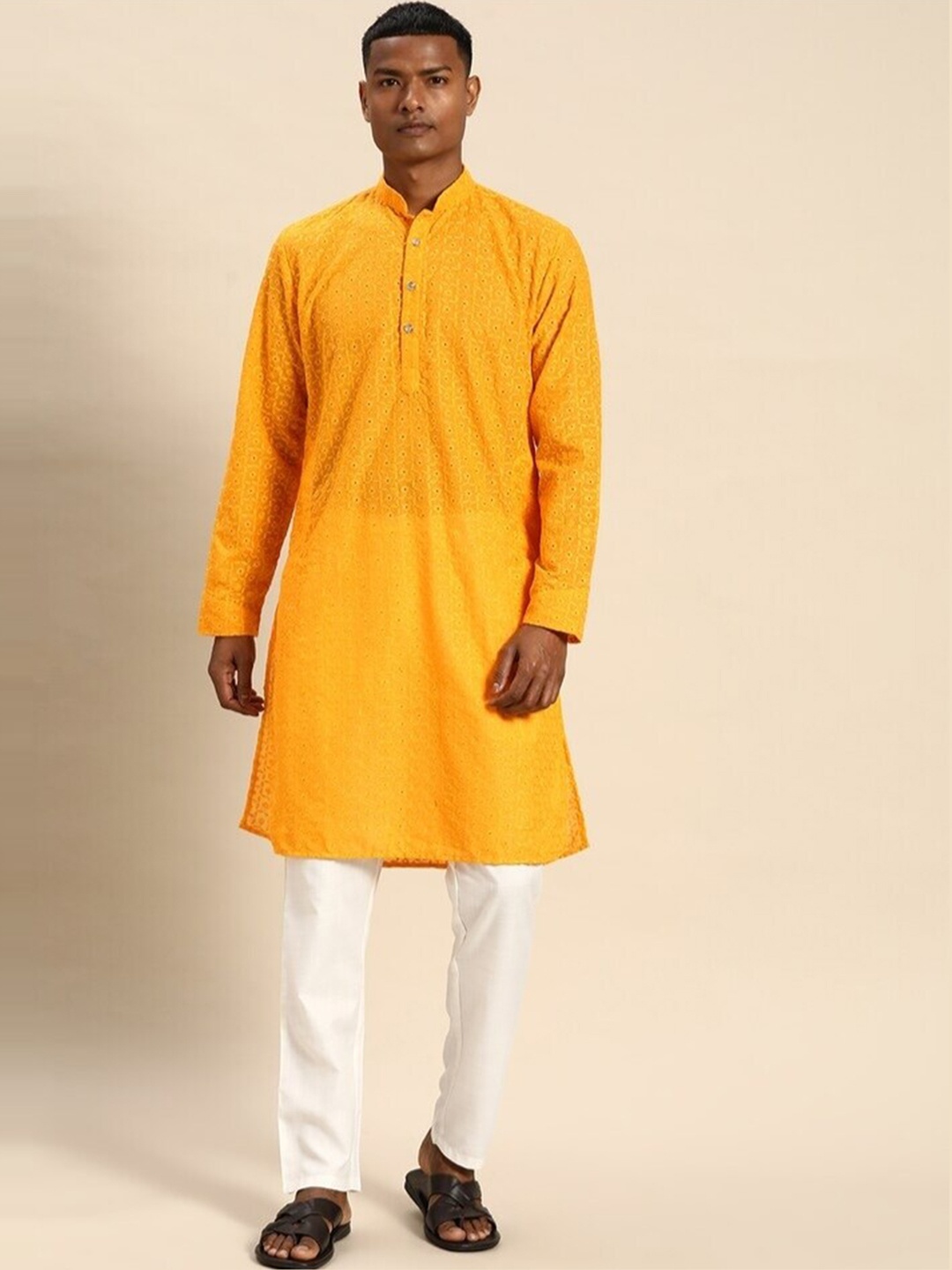 

Molly & Michel Mandarin Collar Floral Embroidered Cotton Kurta, Yellow
