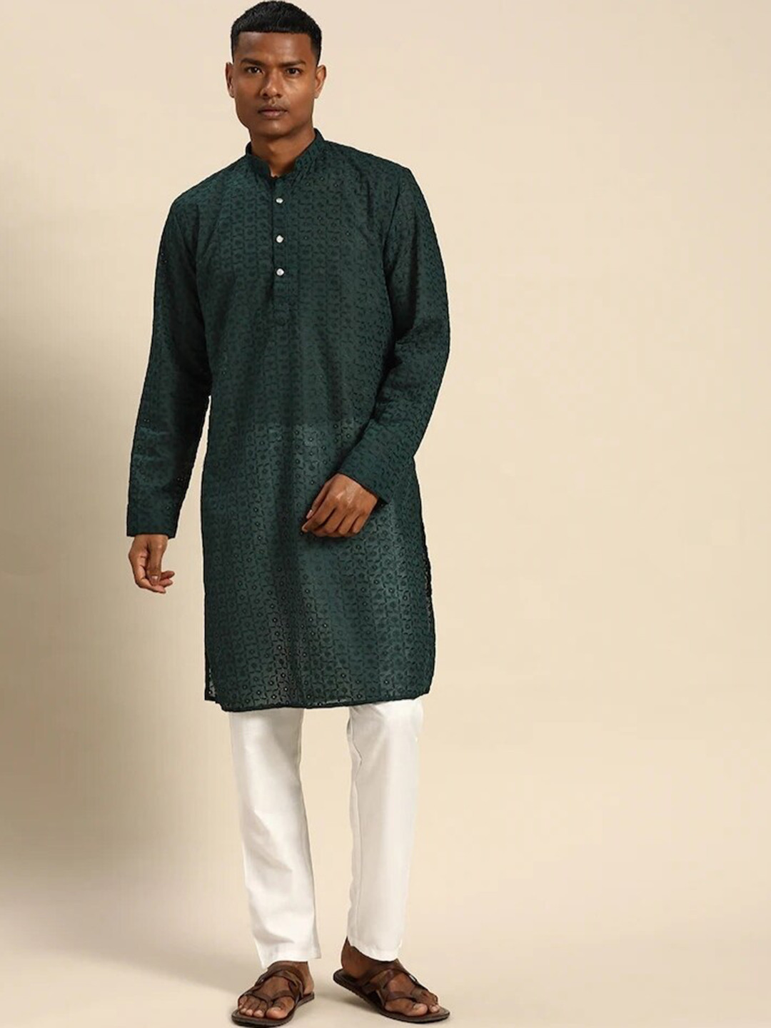 

Molly & Michel Mandarin Collar Floral Embroidered Cotton Kurta, Green