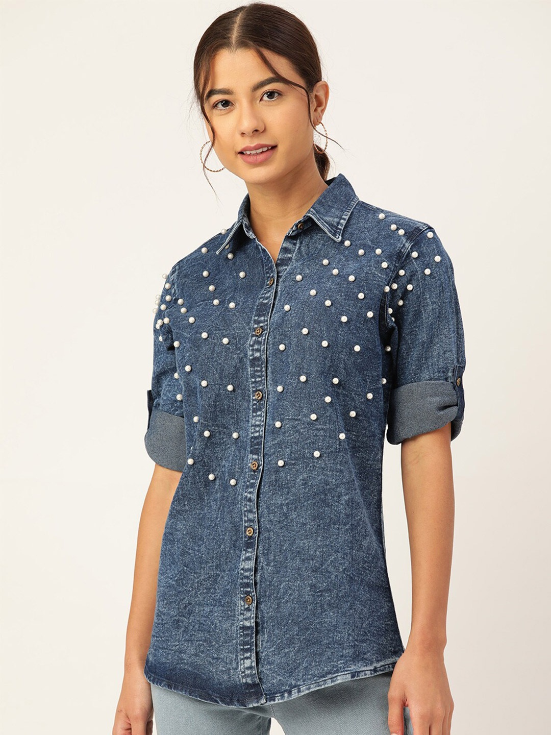 

urSense Spread Collar Embellished Opaque Pure Cotton Casual Shirt, Blue