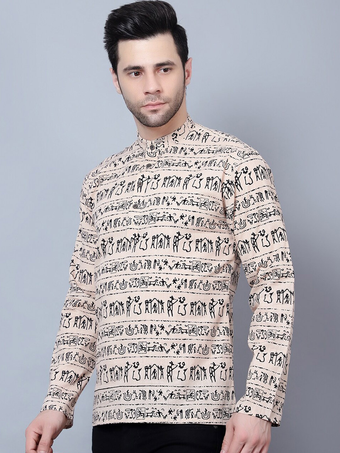 

HERE&NOW Band Collar Ethnic Motifs Printed Cotton Short Kurta, Beige