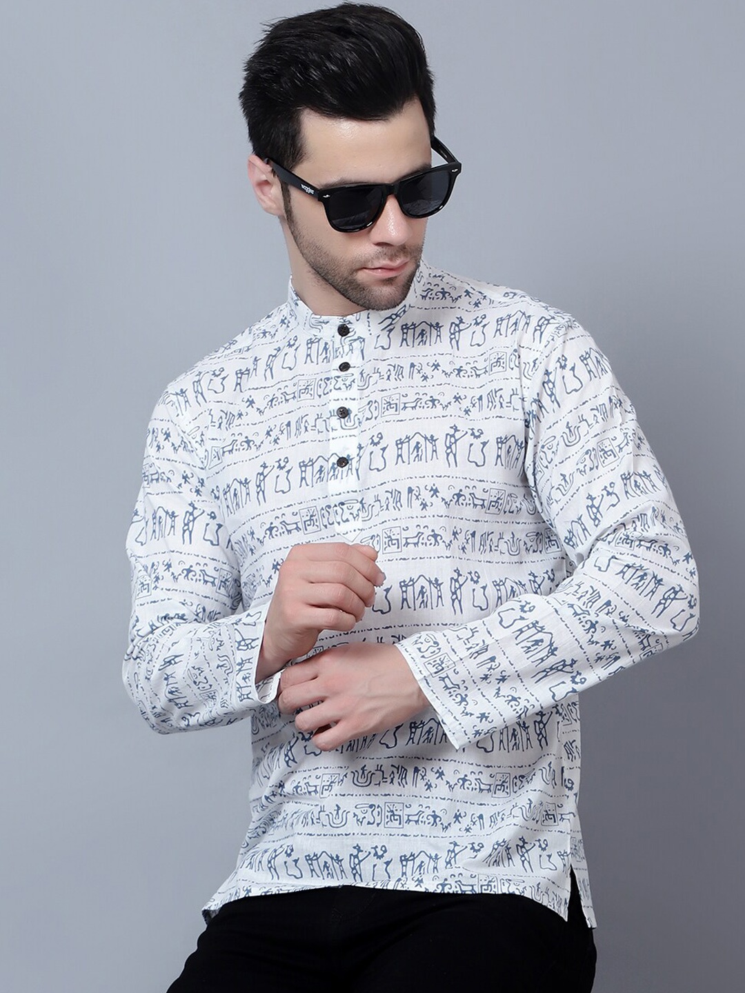 

HERE&NOW Band Collar Ethnic Motifs Printed Cotton Short Kurta, White