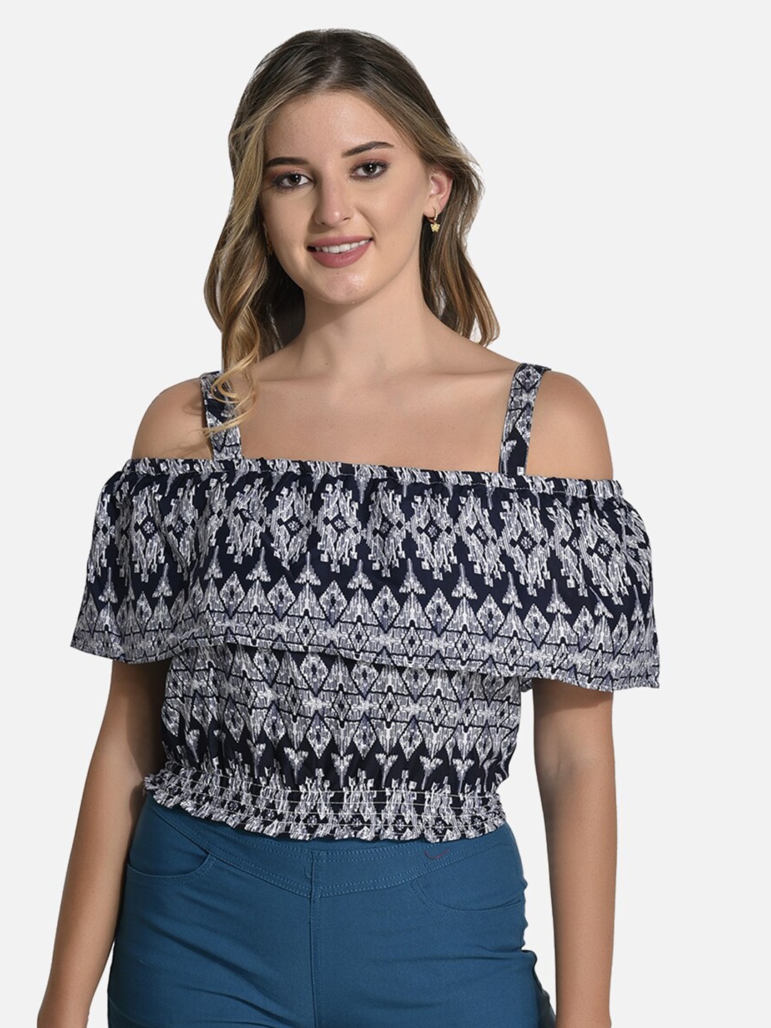 

StyFun Printed Crepe Bardot Top, Blue
