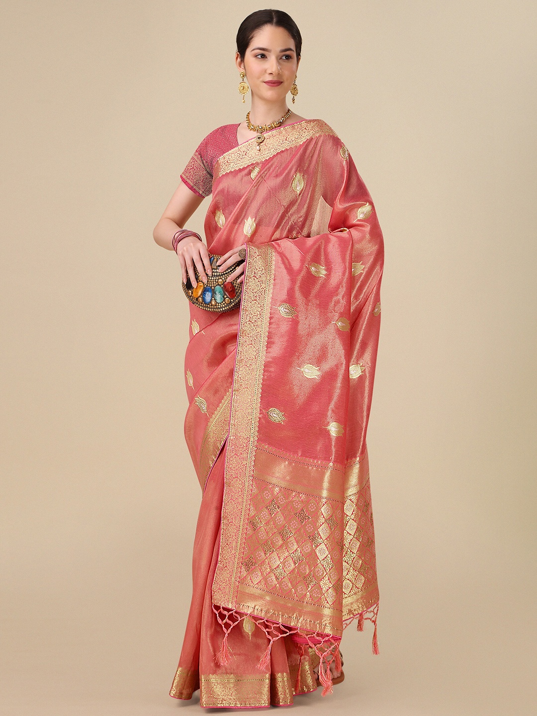 

Mitera Ethnic Motifs Woven Design Zari Silk Cotton Saree, Rose