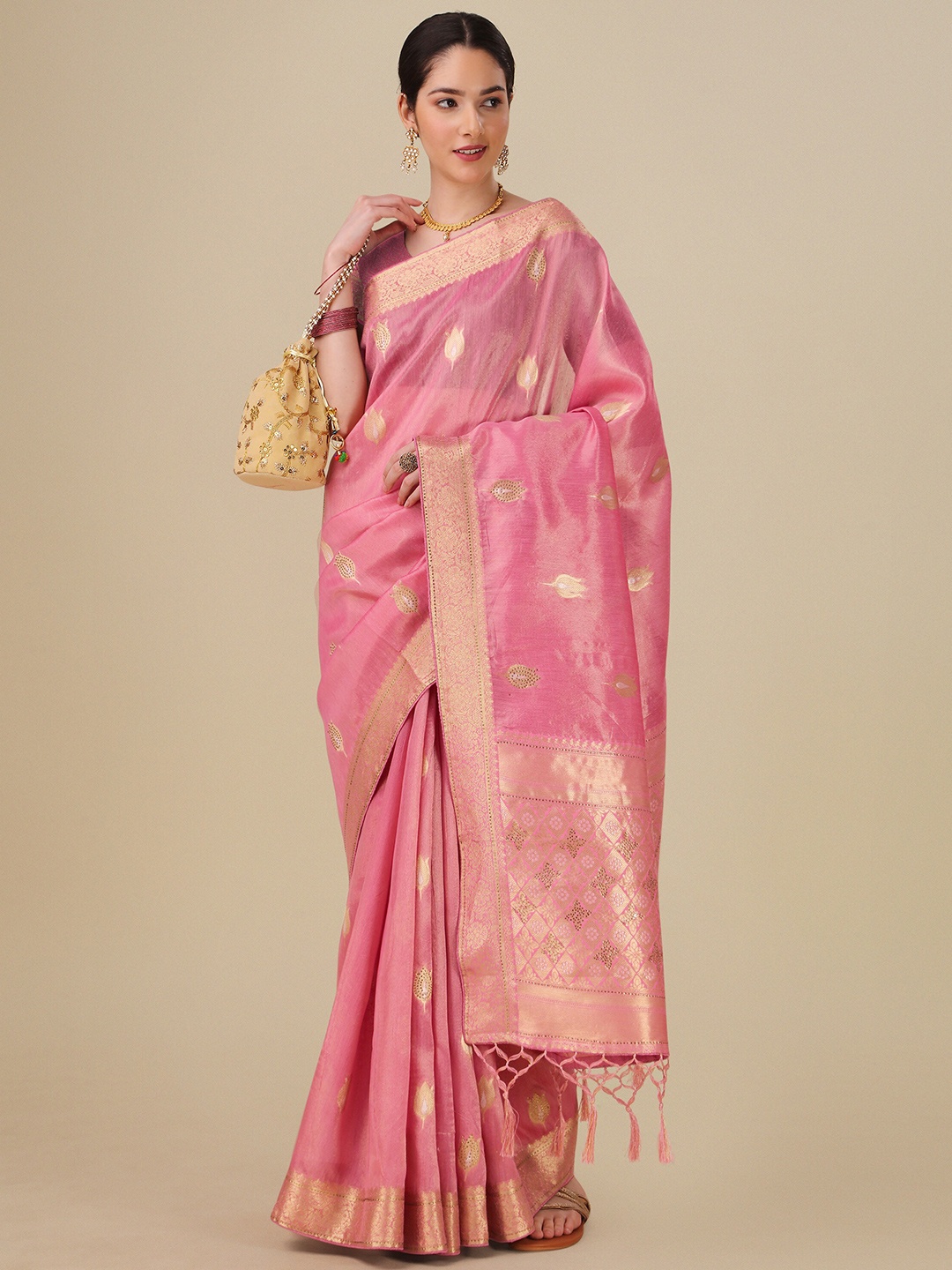

Mitera Floral Woven Design Embellished Silk Cotton Saree, Pink