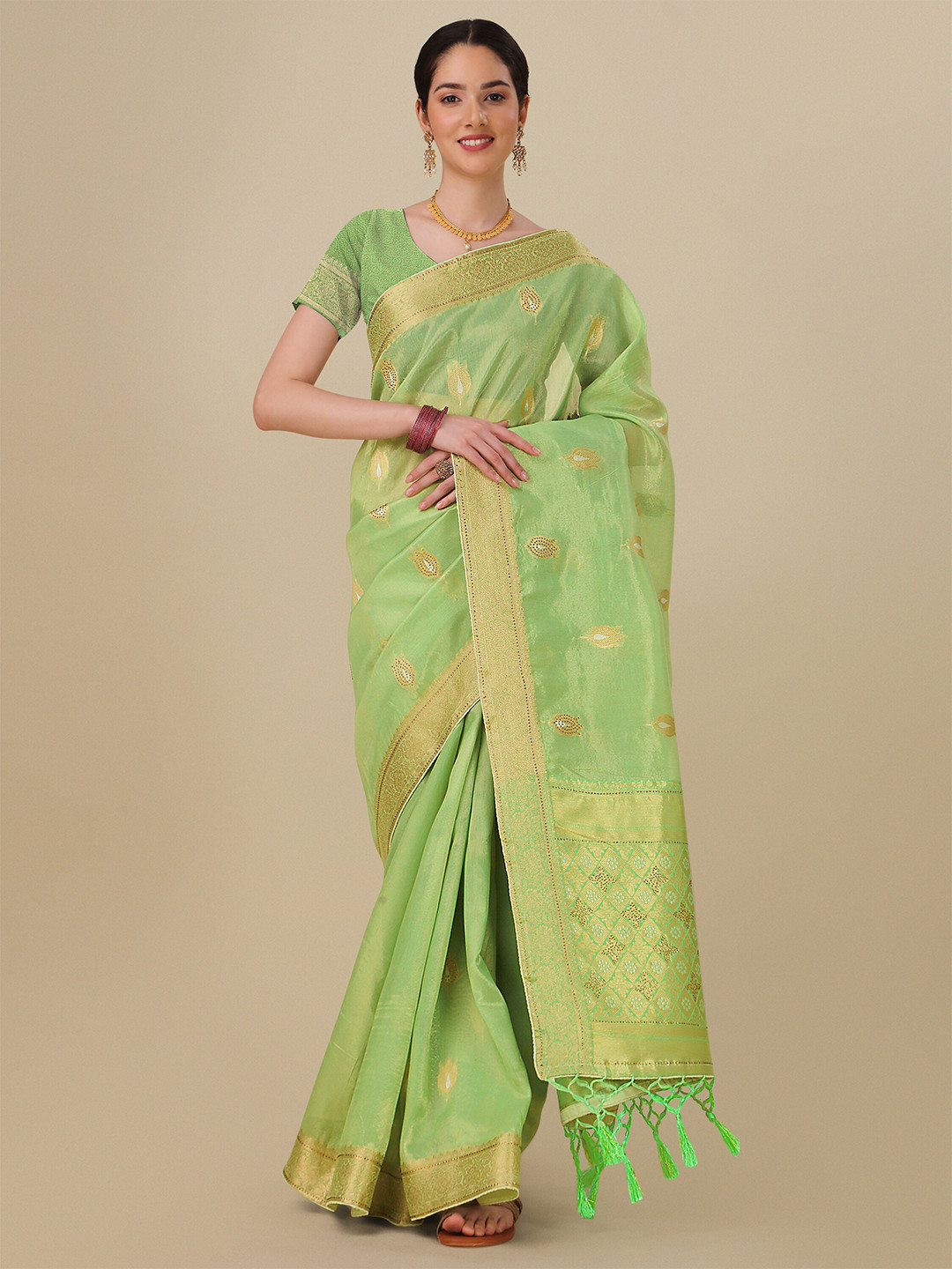 

Mitera Ethnic Motifs Woven Design Zari Silk Cotton Saree, Sea green