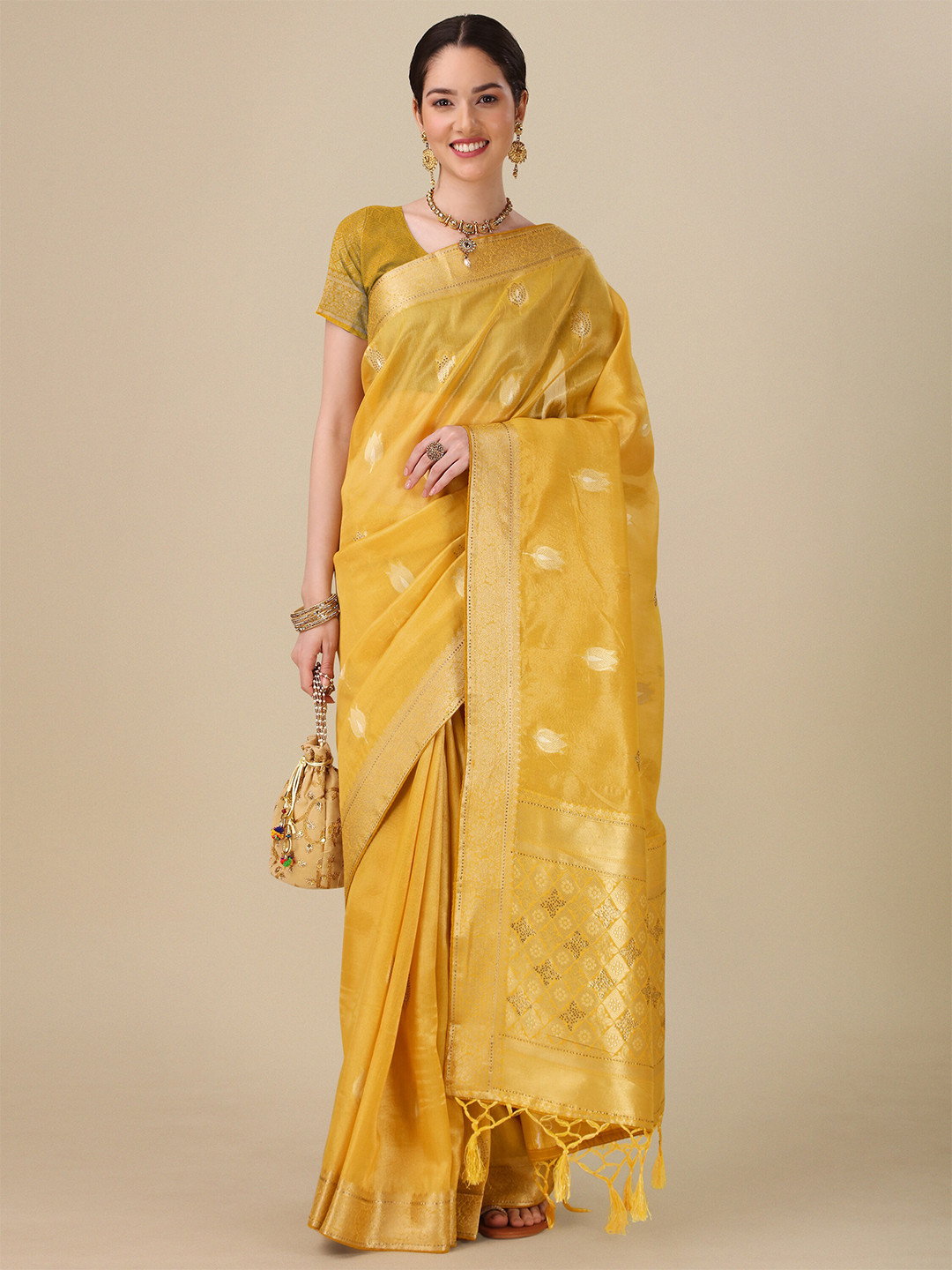 

Mitera Ethnic Motifs Woven Design Zari Silk Cotton Saree, Yellow
