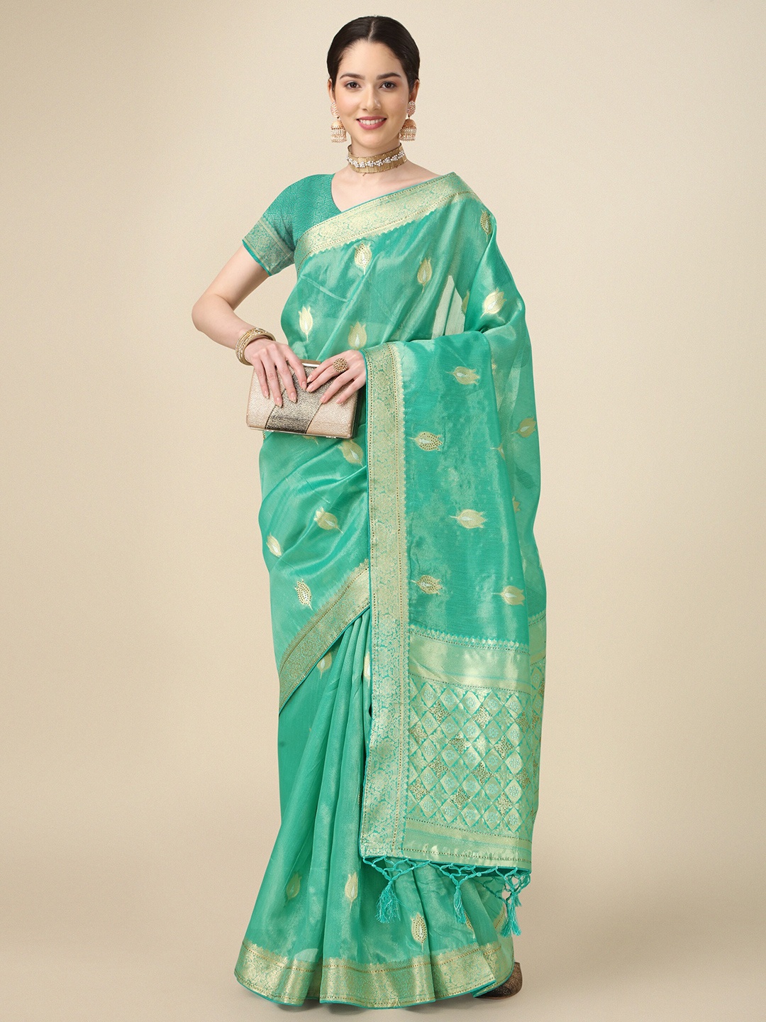 Mitera Floral Woven Design Embellished Silk Cotton Saree, Teal