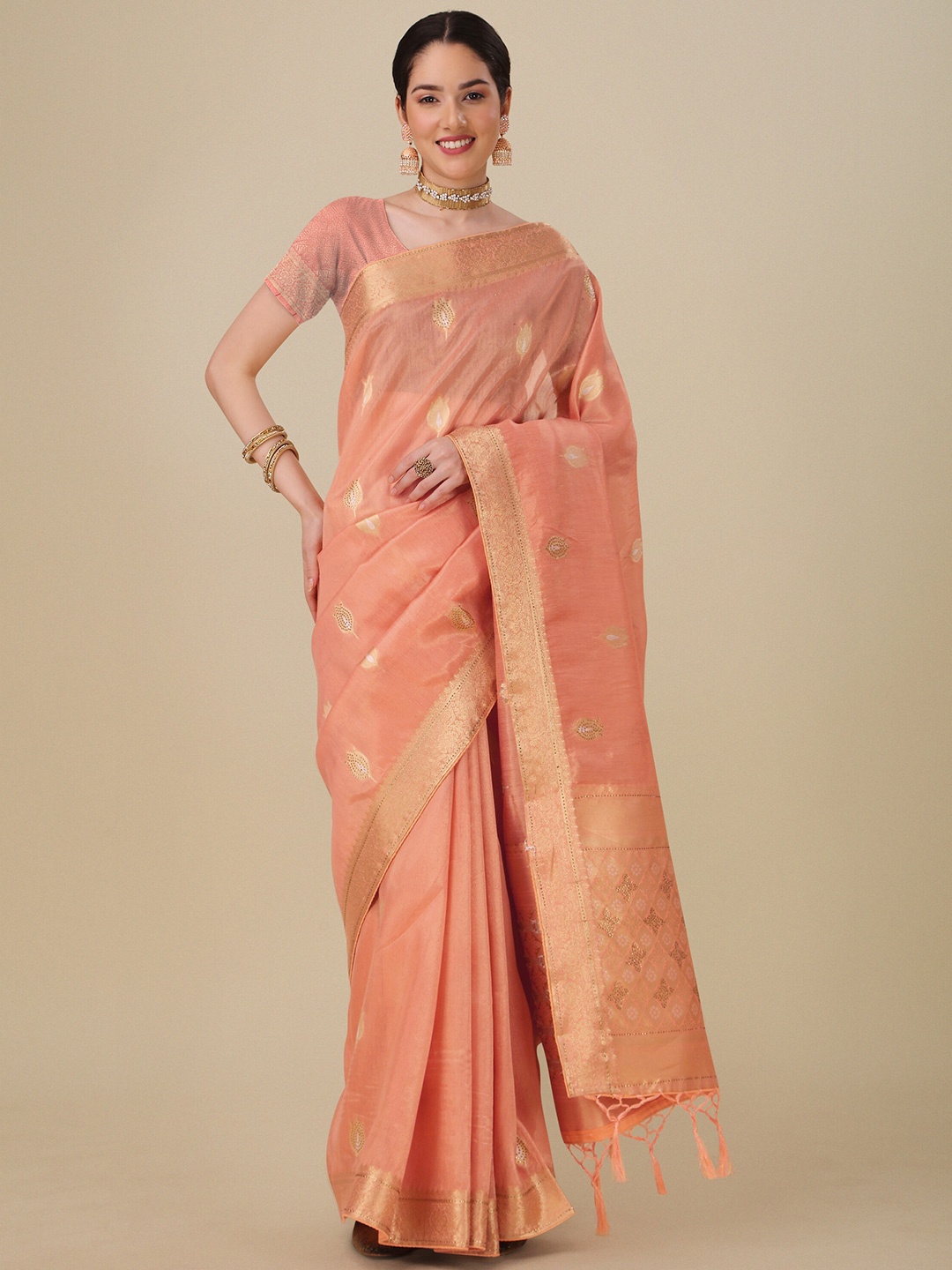 

Mitera Ethnic Motifs Woven Design Zari Silk Cotton Saree, Peach