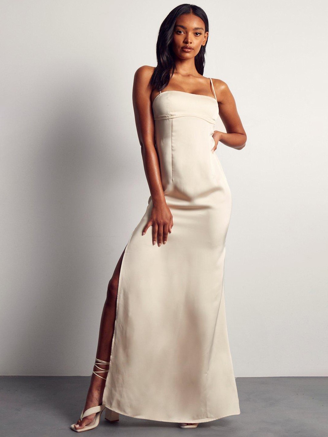 

MISSPAP Solid Satin Slit Maxi Dress, Cream