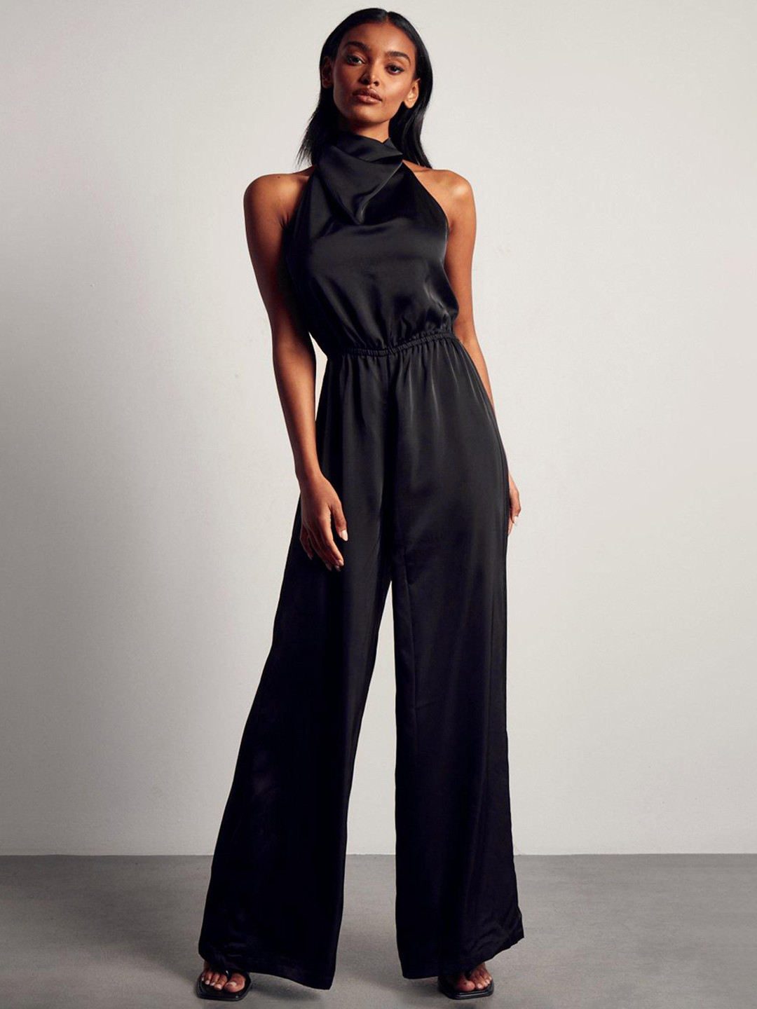 

MISSPAP Women Satin Halter Neck Basic Jumpsuit, Black
