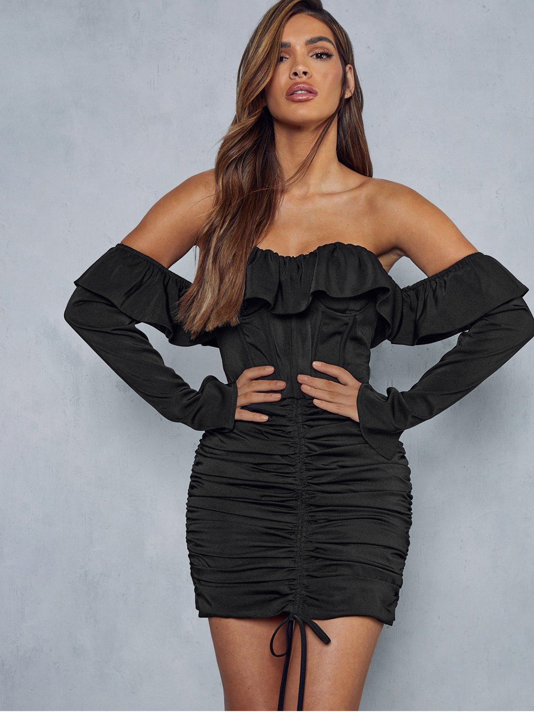 

MISSPAP Off-Shoulder Ruched Corset Mini Dress, Black