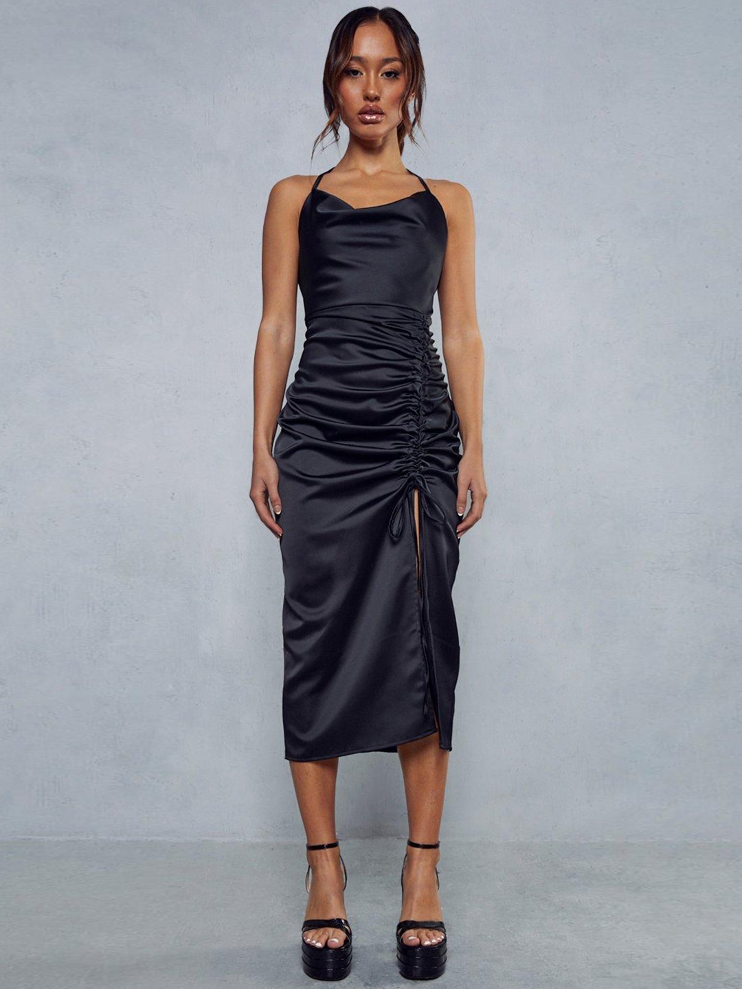 

MISSPAP Satin Finish Sheath Midi Dress, Black