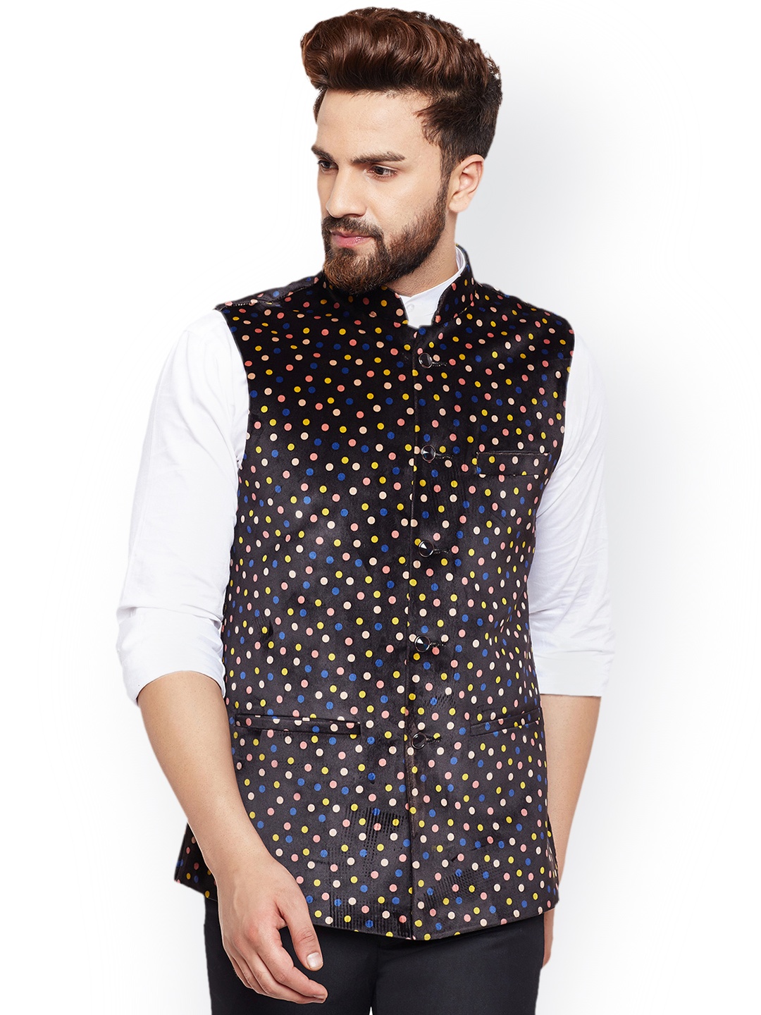 

Hancock Men Black Velvet Printed Nehru Jacket
